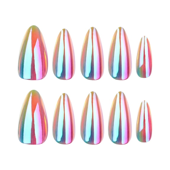 Rainbow Iridescent Vertical Gradient Press on Nails, Medium Pointed Almond Glossy False Nails, 24 Count