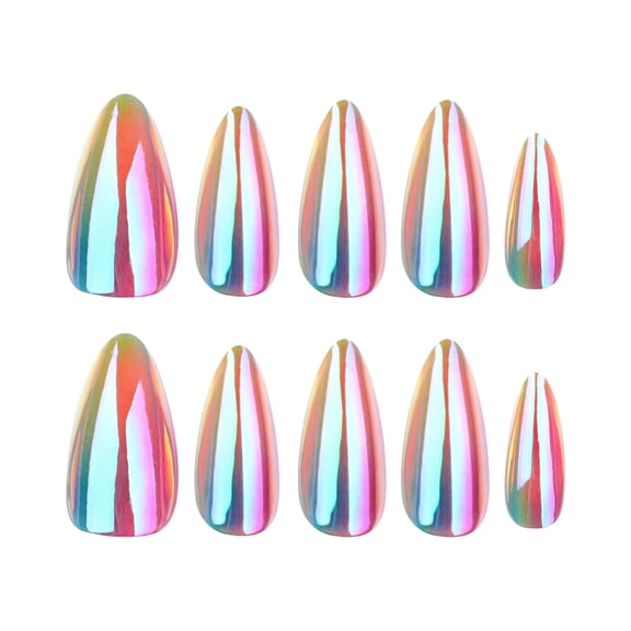 Rainbow Iridescent Vertical Gradient Press on Nails, Medium Pointed Almond Glossy False Nails, 24 Count