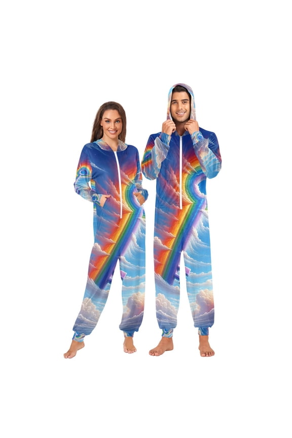 Rainbow Key Adult Onesie Pajamas Slim Fit Christmas One Piece Suit Pjs for Women and Men Hooded Zipper