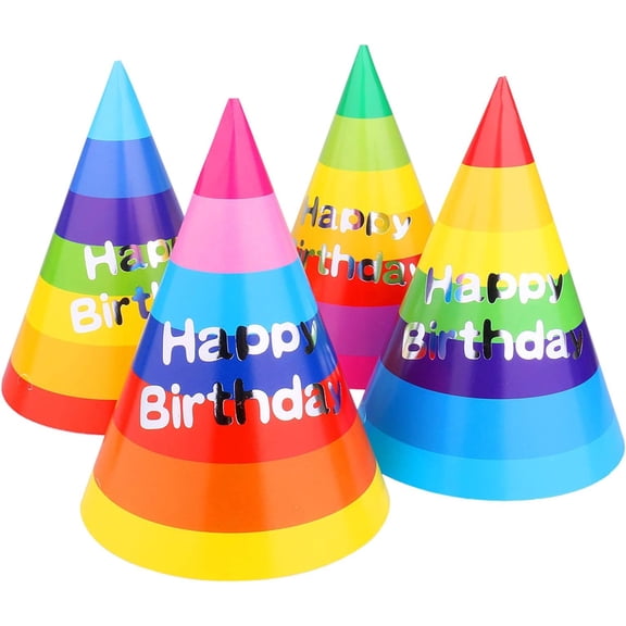 Rainbow for Kids and Adults, 12 Pack Happy Birthday Cone Hats with Metallic Foil Text, Sturdy 250gsm Paper Birthday Caps for Boys Girls & Classroom Celebrations, 7.9 Inch