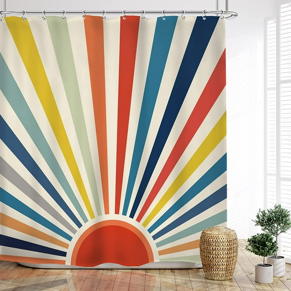 Rainbow Kids Colorful Shower Curtain Cute Retro Hippie Sun Sunrise Bathroom Curtains Set 72Wx72L Inches Vintage 70s Sunset Neutral Bath Accessories Art Home Decor Fabric 12 Pack Hooks