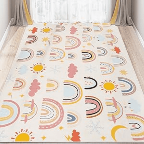 Rainbow Kids Rug 6.6' x 9.3', Soft Kid Area Rug, Large Washable Space Mat, Non-Slip Cute Rainbow Weather Crawling Floor Mat for Living Room Playroom Classroom Bathroom