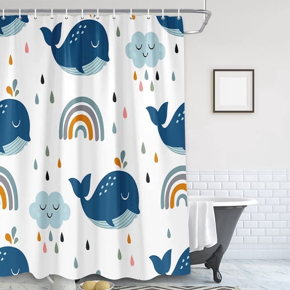 Rainbow Kids Shower Curtain for Bathroom, Nautical Cartoon Fish Whale Bath Accessories for Boy Girls, Underwater Ocean Theme Sea Animal Classroom Nursery Fabric Shower Curtain Liner Set, 72X72in