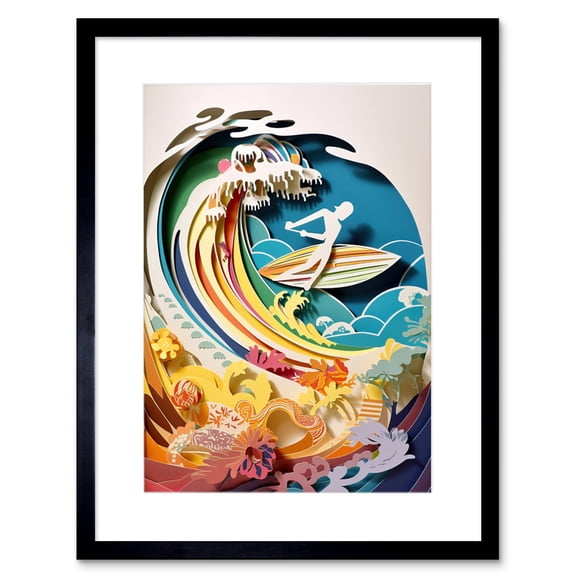 Rainbow Kirigami Surfer Surfing Coastal Landscape Artwork Framed Wall Art Print 9X7 Inch