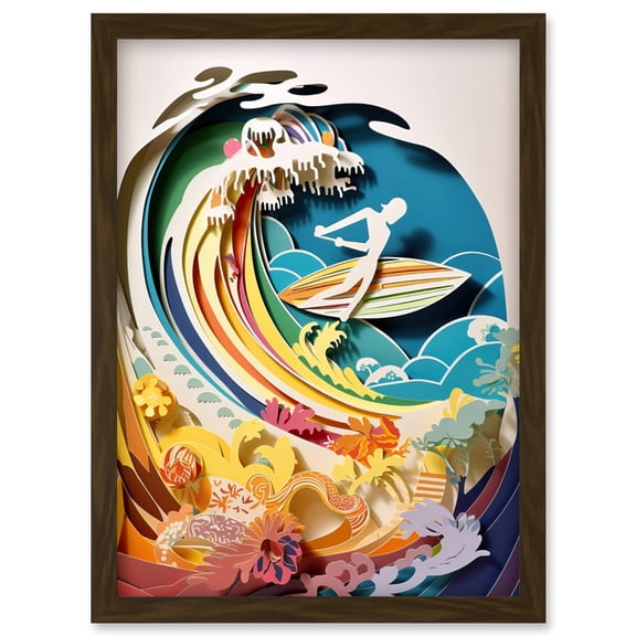 Rainbow Kirigami Surfer Surfing Coastal Landscape Artwork Framed Wall Art Print A4