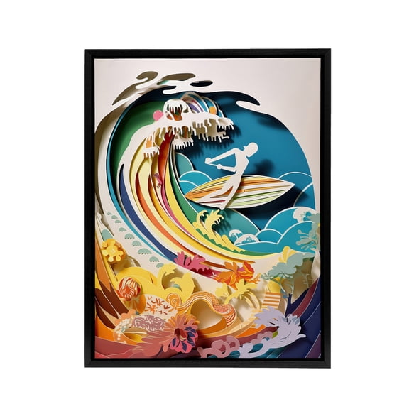Rainbow Kirigami Surfer in Coastal Landscape Black Framed Canvas Wall Art 12X16"