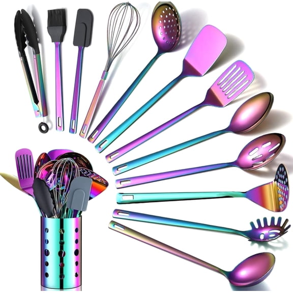 Rainbow Kitchen Utensils Set, Stainless Steel Cooking Utensils Set with Titanium Rainbow Plating,Kitchen Tools Set with Utensil Holder