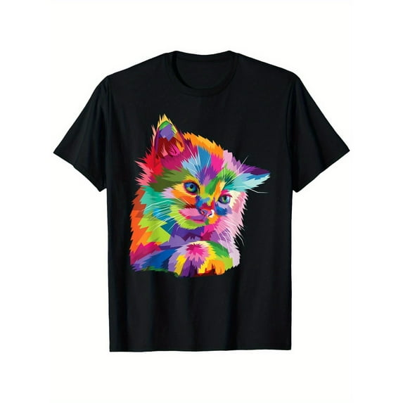 Rainbow Kitten Colorful Cat Mosaic Portrait T-Shirt - 100% Cotton Black  S-5XL T-Shirt 100 Percent Cotton 180g Crew Neck Top Vibrant Colorful Design Unisex Casual Streetwear Machine Washable Holidays