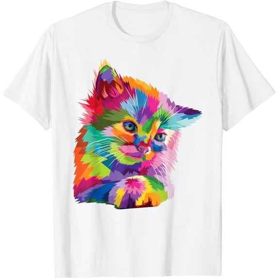 Rainbow Kitten Colorful Feline Mosaic Kitty Portrait T-Shirt, Tee Gift For Men Women Cat Lovers, White Color, Size L