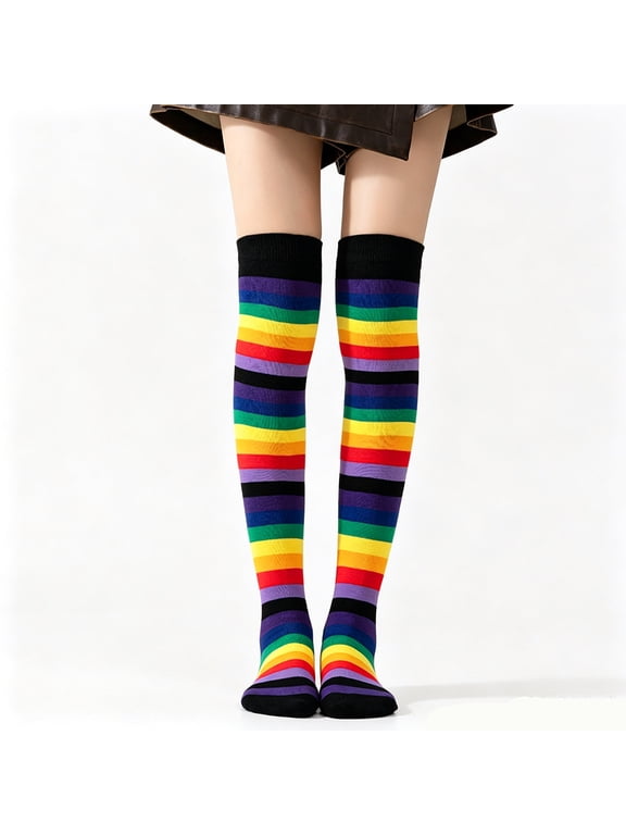 Rainbow Knee High Socks for Women Long Thigh High Stockings Candy color