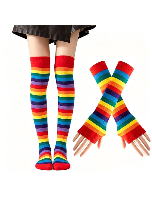 Rainbow Knee High Socks for Women with gloves Long Thigh High Stockings Candy color Independence Day