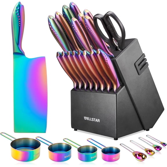 Rainbow Knife Block Set 27-Piece, Iridescent German Stainless Steel Kitchen Knives Set with Wooden Holder, Colorful Titanium Coating, Include Scissors and 2-Stage Built-in Sharpener and 8pcs Gadgets