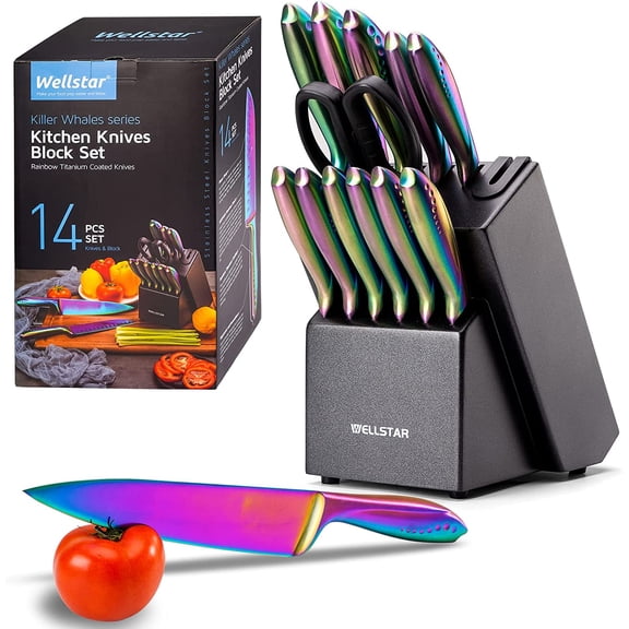 Rainbow Knife Set 14 Pieces, Iridescent German Stainless Steel Kitchen Knives Set with Wooden Block, Colorful Titanium Coating, Chefs Knife Block Set with Scissors and Built-in Sharpener