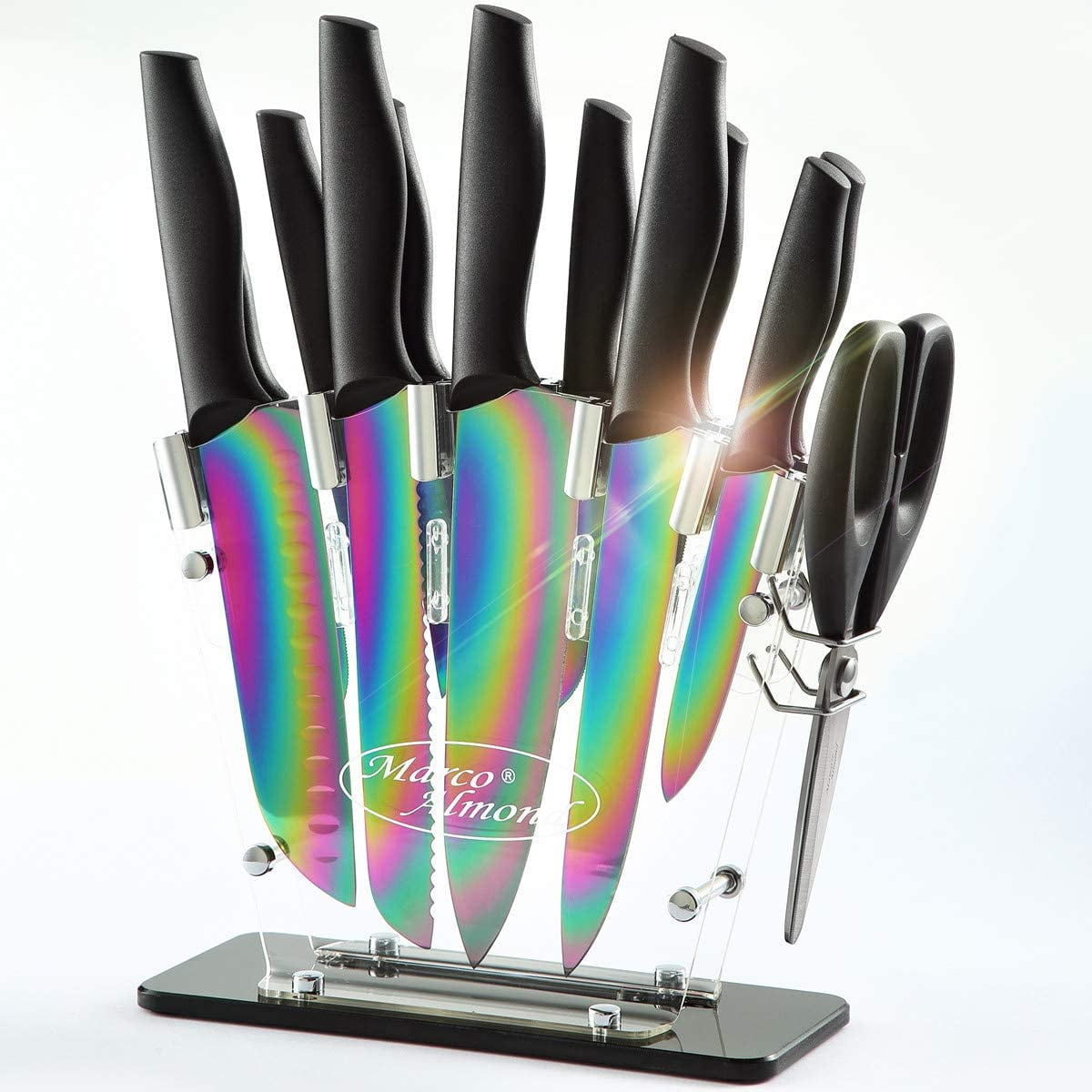 Rainbow Knife Set,Marco Almond KYA35 14 PCS Kitchen Knife Set,Titanium  Coating for Anti-rusting, Super Sharp Cutlery Knife Set with Acrylic  Stand,Stainless Steel 