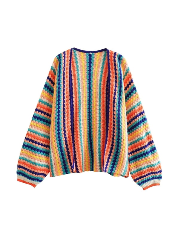 Rainbow Knit Cardigan Sweaters Fashion Casual Long Sleeve Open Front Cardigans Jackets for Women Lightweight (M, Multicolor)