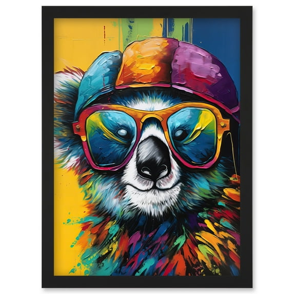 Rainbow Koala Bear with Sunglasses and Hat Modern Artwork Framed Wall Art Print A4
