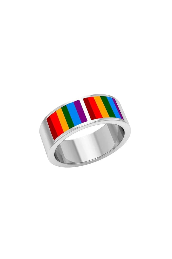 Rainbow LGBTQ 925 Sterling Silver Band Ring Pride Jewelry Inlaid Enamel