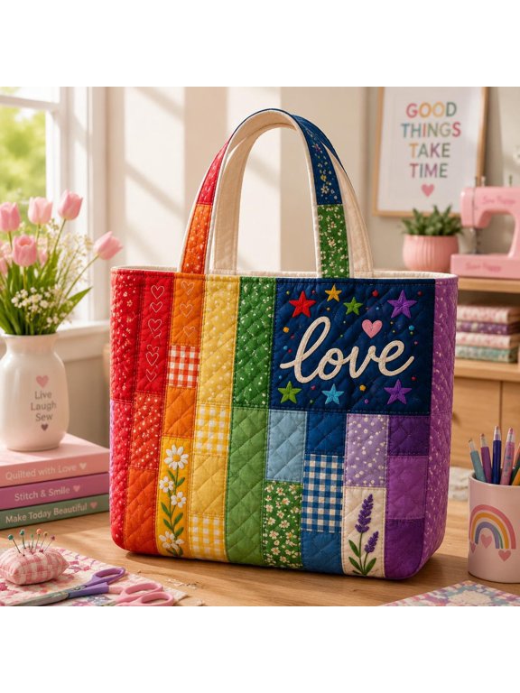 Rainbow LGBTQ+ Quilted Tote Bag, Pride Flag Print Shoulder Bag, Colorful Handmade Style Tote, Gift For Pride Lovers KEO423