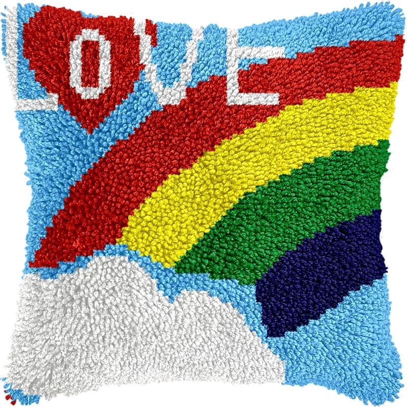 Rainbow LOVE Latch Hook Pillow Kits Pillow Cover Pattern Printed Canvas Crochet Knitted Hooking Pillowcase Cushion Crafts Embroidery Latch Hooking Crochet Kits Set 17x17 inch(87)