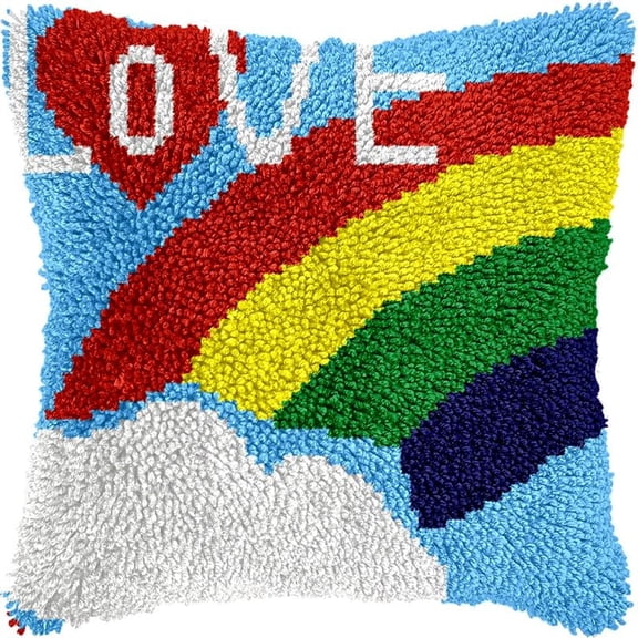 Rainbow LOVE Latch Hook Pillow Kits Pillow Cover Pattern PrintedCanvas Crochet Knitted Hooking Pillowcase Cushion Crafts Embroidery Latch Hooking Crochet Kits Set 17x17 inch(87)