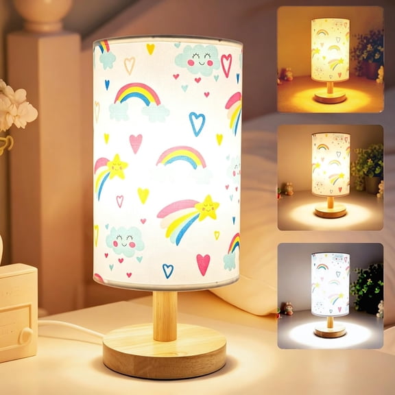 Rainbow Lamp for Girls Bedroom Bedside Table Lamps 3 Color Modes Kids Nightstand Night Light Lamp, Flaxen Fabric Shade Reading Desk Lamp for Nursery Living Room Office Rainbow Decor Gifts for Girls