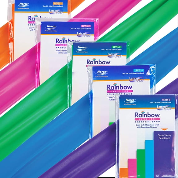 Rainbow Latex-Free Exercise Bands Multi-Packs, Complete Resistance Pack, Level 1-5 (Light - Super Heavy)