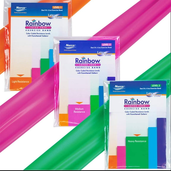 Rainbow Latex-Free Exercise Bands Multi-Packs, Light Resistance Pack, Level 1-3 (Light - Heavy)
