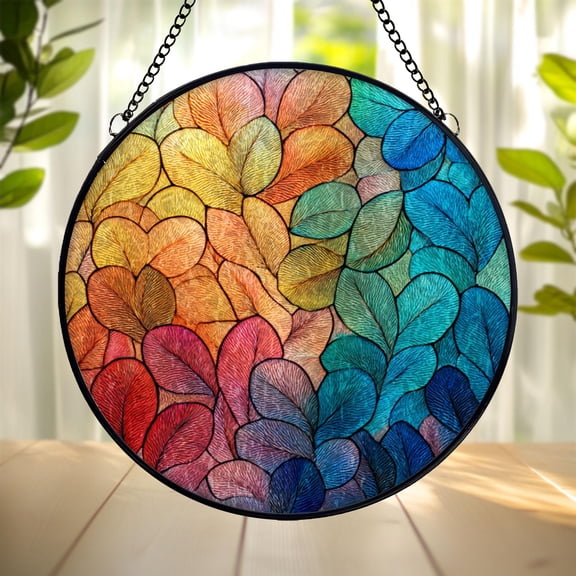 Rainbow Leaves Suncatcher, Stained Glass Style Acrylic Window Hanging, Boho Inspired Nature Decor