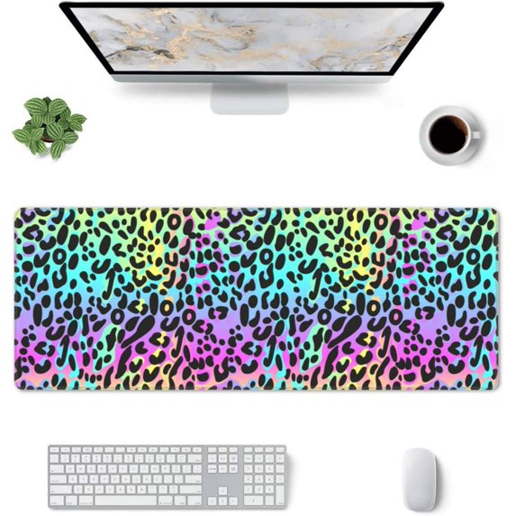 Rainbow Leopard Gaming Mouse Pad Large Mouse Pad (31.5x11.8 Inch) Non-Slip Rubber Base Large Desk Mat Desk Protector for Home Office Gaming Work