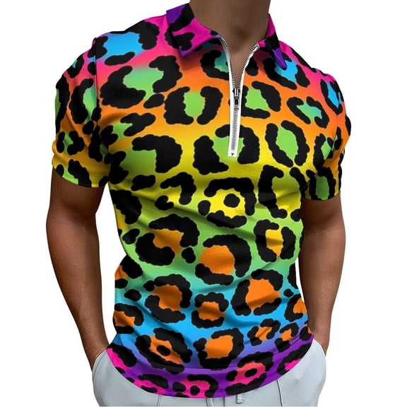 Rainbow Leopard Print Men Zipper T-shirt Summer Casual Short Sleeve T-shirt Top