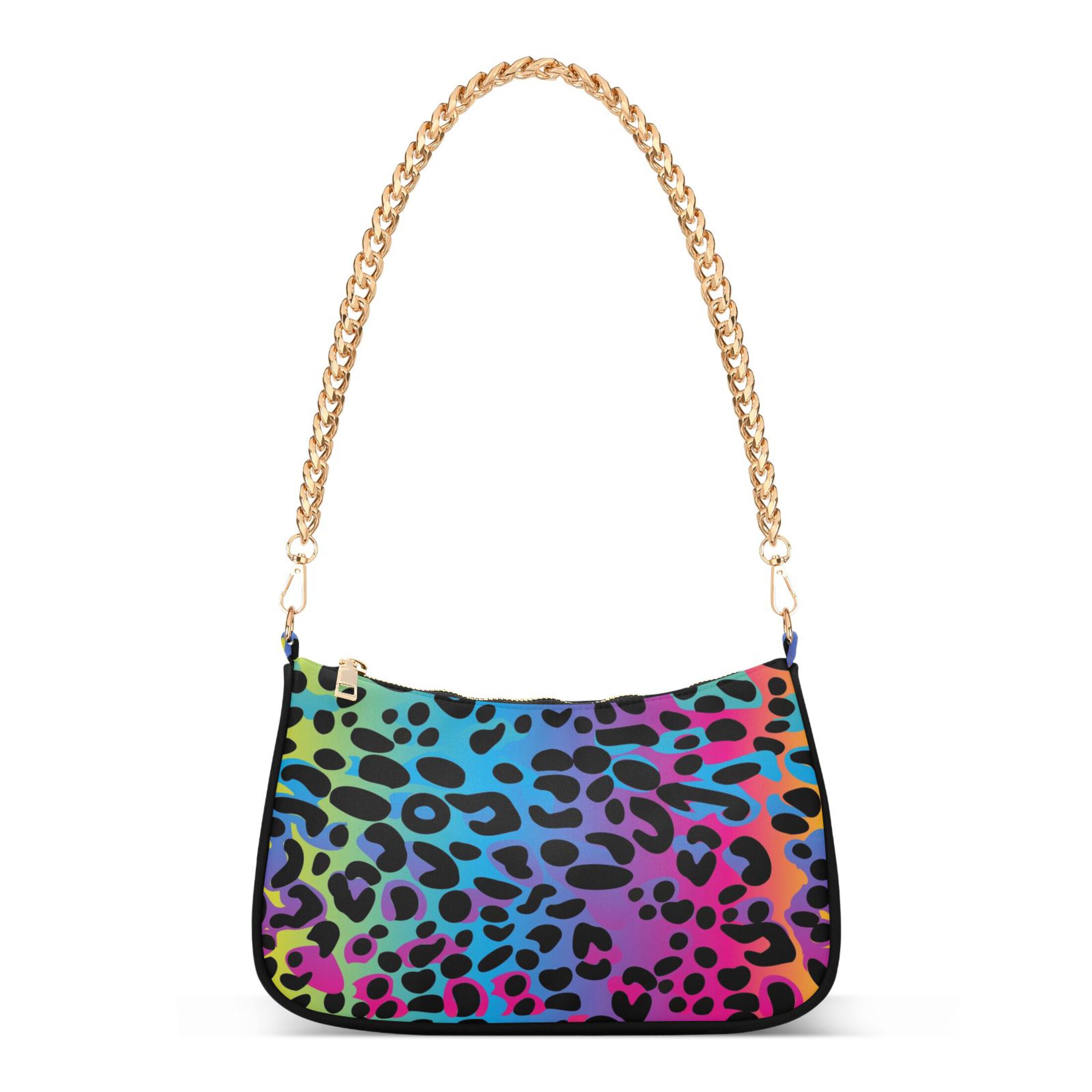 Rainbow Leopard Print Neon Womens Chain Shoulder Bag Tote Handbag Clutch Hobo Purse with Zipper for Travel Casual