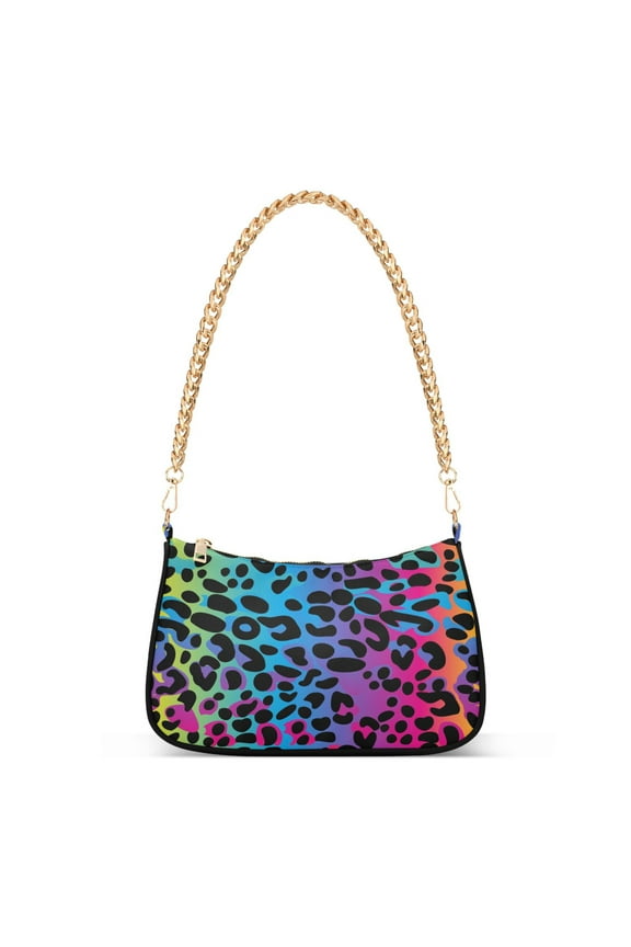 Rainbow Leopard Print Neon Womens Chain Shoulder Bag Tote Handbag Clutch Hobo Purse with Zipper for Travel Casual