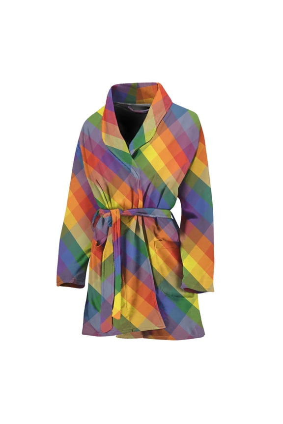 Rainbow Lgbt Plaid Pattern Women Bathrobe One Size Univeral Fits, Lgbt Lgbtq+ Pride Month Gifts Fashion Lightweight Plush Fleece Long Robe For Women