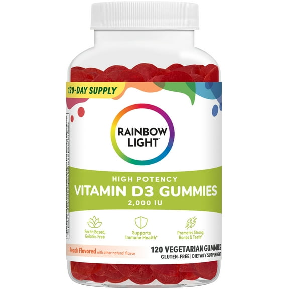 Rainbow Light High Potency Gluten Free Vitamin D3 Gummies, Peach, 2000 IU, 120 Count