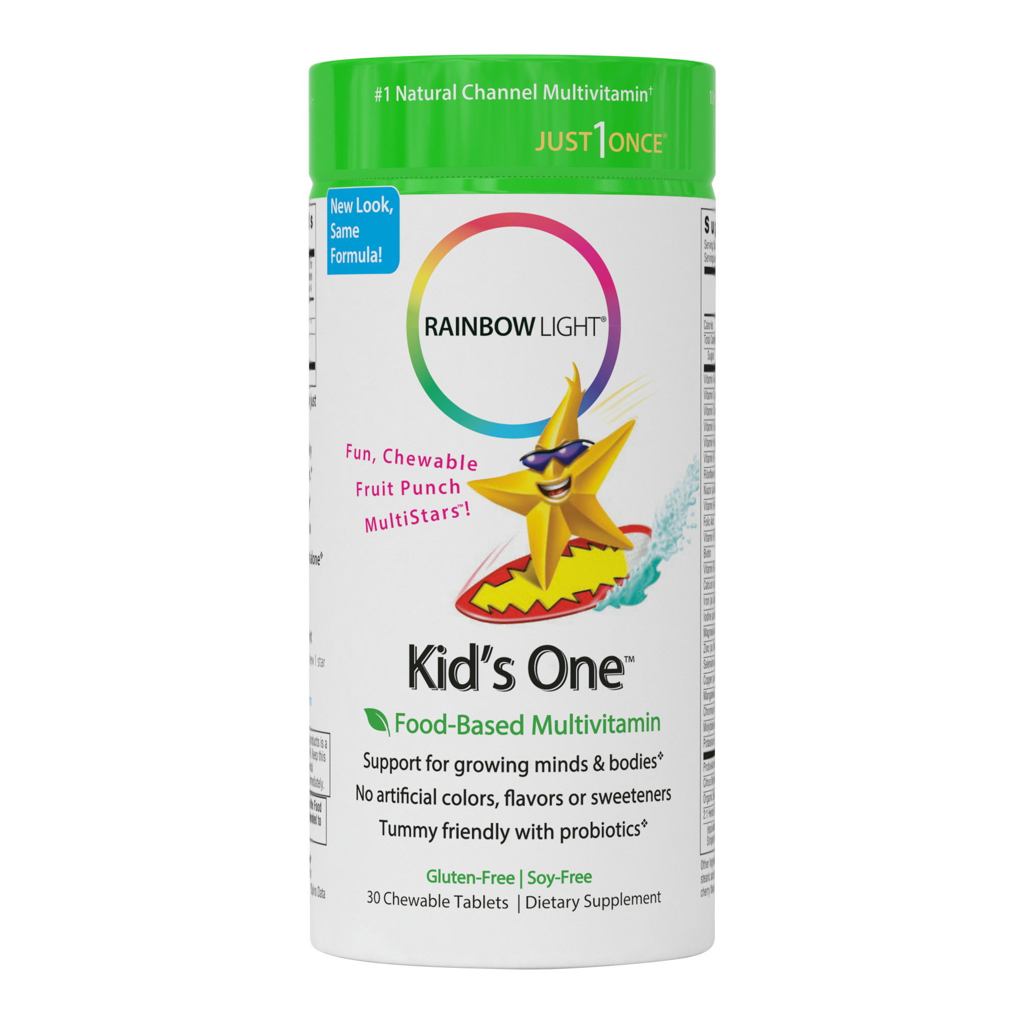 Rainbow Light Kids One, Food-Based Multivitamin, Chewable Probiotic, Vitamin, and Mineral Supplement; Soy and Gluten-Free; Supports Brain, Bone, Heart, Eye and Immune Health in Kids - 30 Tablets - image 1 of 6