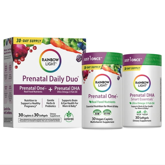 Prenatal Vitamin with DHA and Folic Acid | 30 Multivitamin Caplet and 30 DHA Softgels | by Rainbow Light