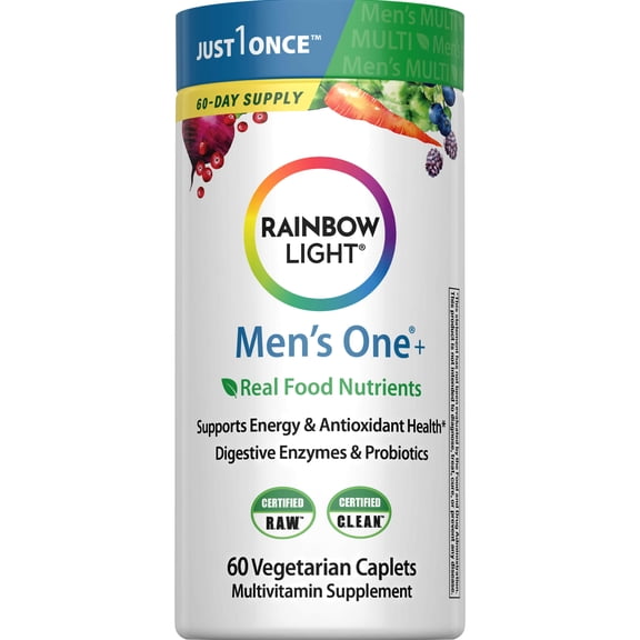 Men's One Multivitamin with Vitamin C, D, Zinc, and Probiotics | 60 Vegetarian Caplets | by Rainbow Light