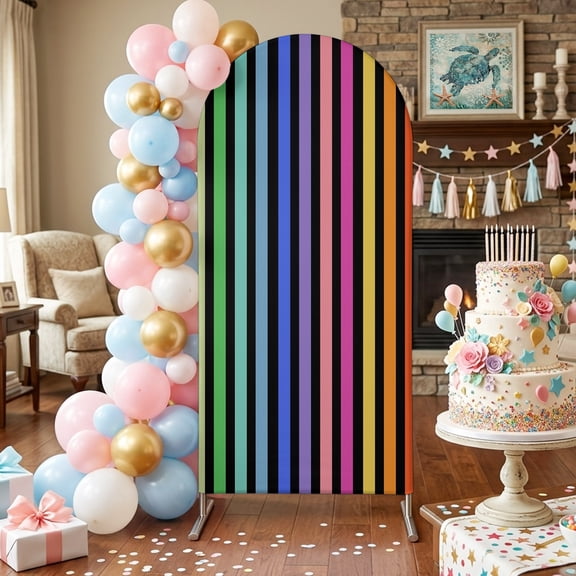 Rainbow Lines Arch Backdrop Covers 5 FT, Vertical Stripes Abstract Modern Black Stretchy Fitted Arched Stand Covers Party Arch Stand Cover Photo Booth for Wedding Birthday Decor