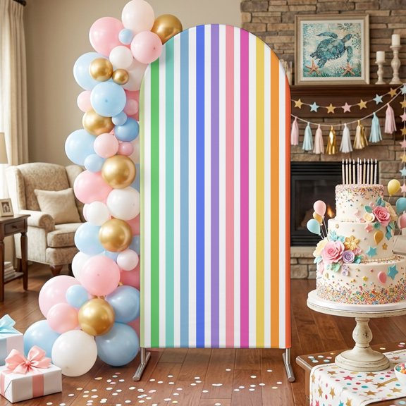 Rainbow Lines Arch Backdrop Covers 6.6 FT, Vertical Stripes Abstract Modern Stretchy Fitted Arched Stand Covers Party Arch Stand Cover Photo Booth for Wedding Birthday Decor