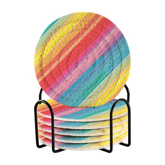 Rainbow Lines Coasters with Holder for Coffee Table 6 Pcs Drink Coaster Sets Absorbent for Home Decor 4 inch
