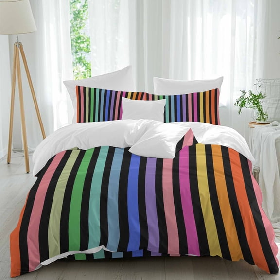 Rainbow Lines Comforter Set Full Size, Vertical Stripes Abstract Modern Black Soft Bedding Set for Man Woman, 4 Pieces Duvet Cover Set with Fitted Sheet, 2 Pillowcases