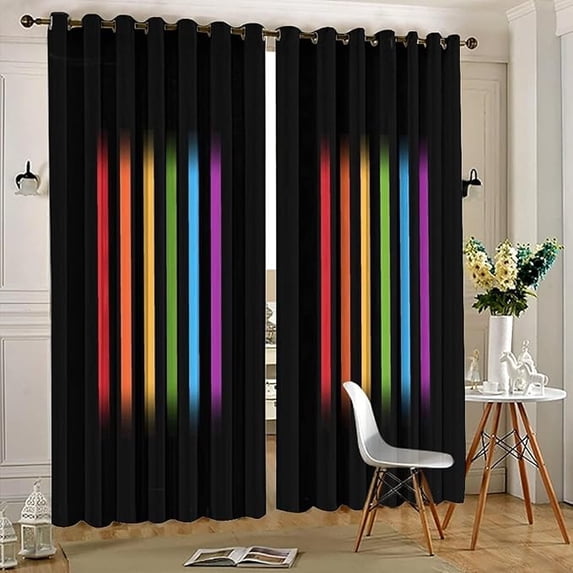 Rainbow Lines Grommet Thermal Insulated Window Curtain, Black Background Bedroom Blackout Curtains Soft Polyester Window Curtain For Nursery Elegant Home Decoration 42"W x 84"L (Pack of 2)