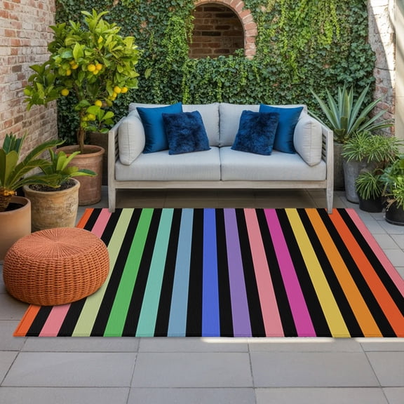 Rainbow Lines Indoor Outdoor Rugs 4x6 Ft, Vertical Stripes Abstract Modern Black Outdoor Patio Rugs Mat Washable Outside Area Rugs Carpet for Porch Deck RV Camping Pool Balcony Backyard