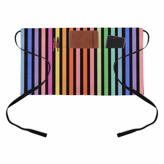 Rainbow Lines Kitchen Restaurant Half Waist Apron, Vertical Stripes Abstract Modern Black Server Short Apron with 3 Pockets Waterproof Oil Waist Aprons for Women Waitress Waiter