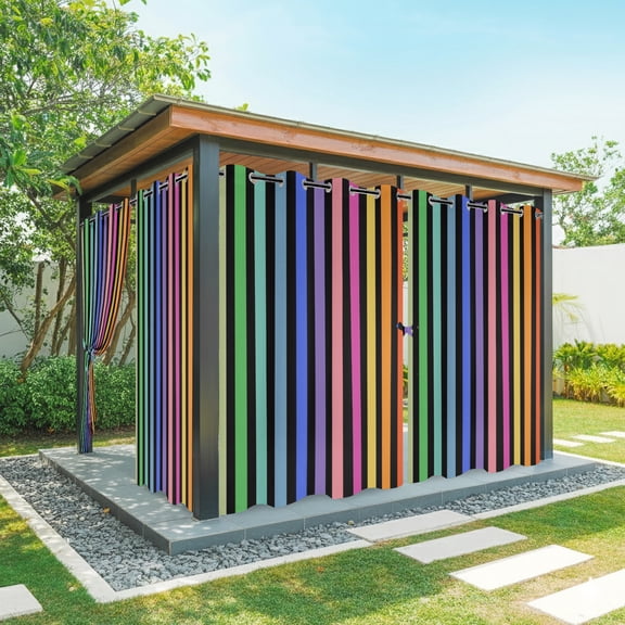 Rainbow Lines Outdoor Curtains for Patio, Vertical Stripes Abstract Modern Black Waterproof Outside Curtains Privacy Blackout Curtain for Porch Pergola Cabana, 2 Panel 54W x 108L Inch