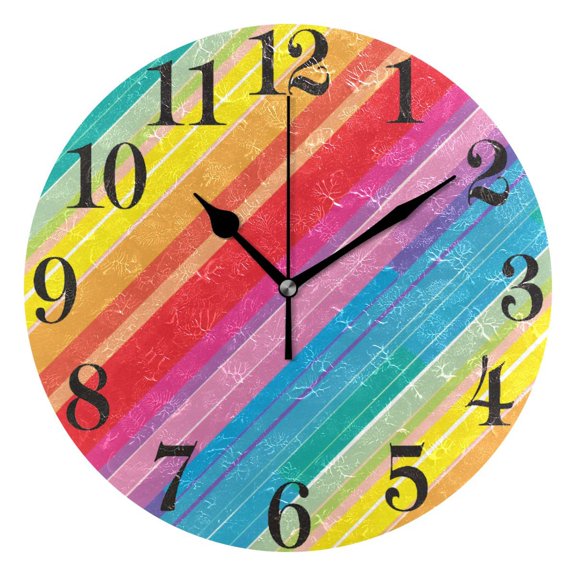 Rainbow Lines Round Wall Clock Battery Operated Silent Non-Ticking Bedroom Office Kitchen Home School Decor 10"(Black)