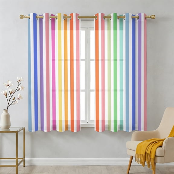 Rainbow Lines Sheer Curtains 39 Inch Long 2 Panels, Vertical Stripes Abstract Modern Light Filtering Semi Sheer Drapes Grommet Voile Window Curtain for Living Bedroom W27.9 x L39