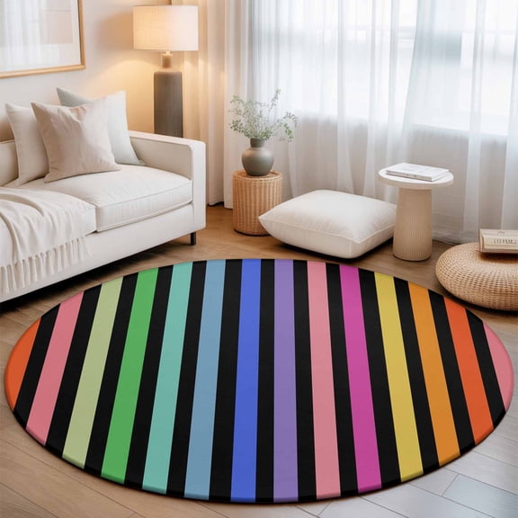 Rainbow Lines Washable Round Area Rug 3 ft, Vertical Stripes Abstract Modern Black, Soft Non Slip Rugs Stain Repellent Indoor Felt Carpet for Living Dining Room Bedroom Home Office