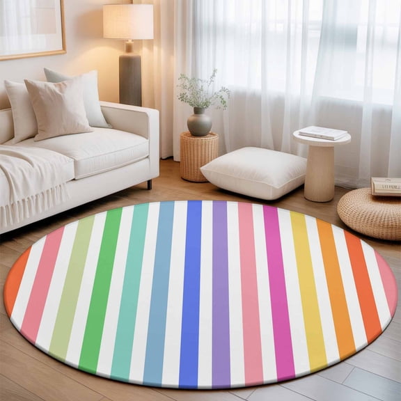 Rainbow Lines Washable Round Area Rug 3 ft, Vertical Stripes Abstract Modern, Soft Non Slip Rugs Stain Repellent Indoor Felt Carpet for Living Dining Room Bedroom Home Office