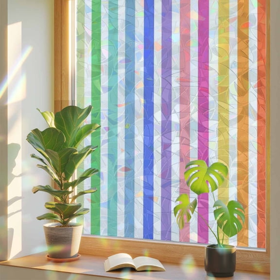 Rainbow Lines Window Privacy Film, Vertical Stripes Abstract Modern Stained Glass Rainbow Film Decorative Window Clings, Static Cling Sun Blocking Stickers 29.5" x 118"